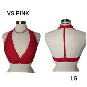 VS PINK Lace Bralette Halter Styling T-Back Plunging Neckline Lg NWOT
